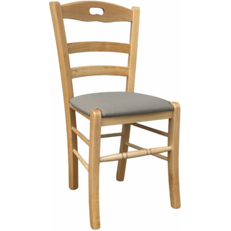 Chaise En Bois Naturel Loris Avec Assise Rembourrée Simili Cuir Taupe - Neuf, Déjà Assemblée