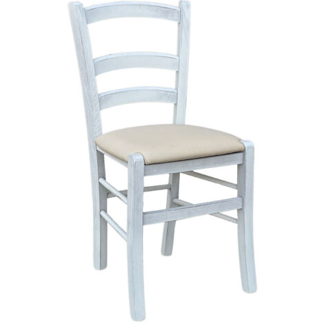Chaise en bois Venice blanc vieilli avec assise en similicuir couleur crème (1/5)