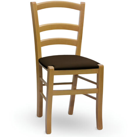 Sièges Venezia en bois de noyer clair avec assise rembourrée en similicuir brun (1/5)