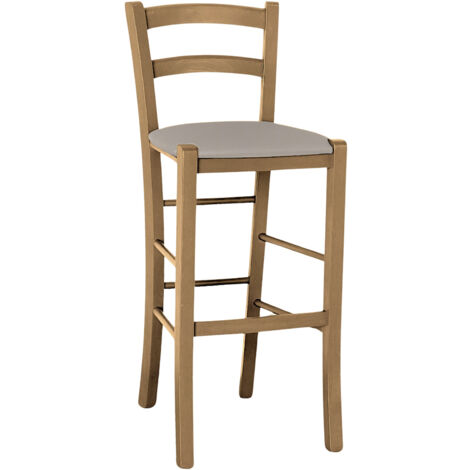Tabouret en noyer clair h 67 assise rembourrée en similicuir gris tourterelle (1/5)
