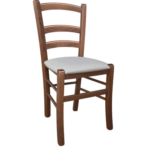 Chaise en bois vénitien en noyer foncé avec assise rembourrée en similicuir gris tourterelle (1/5)