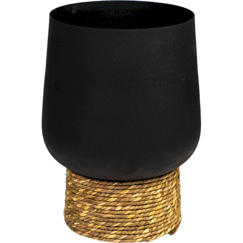 Cache pot métal noir avec base en rotin naturel élégant - noir mat et ...