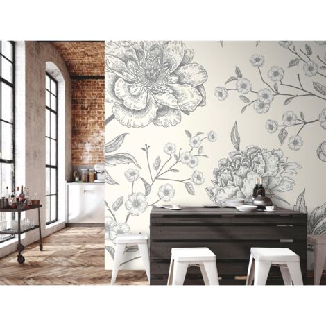 Papier Peint Élégant Pivoines Monochromes - Décor Floral - 300 x 210 cm (1/4)
