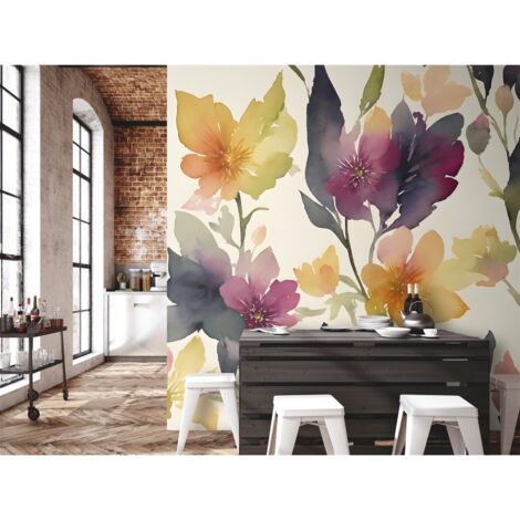 Papier Peint Floral Aquarelle aux Couleurs Pastel Douces - 150 x 105 cm (1/4)