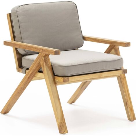 Fauteuil en teck naturel et tissu gris charme artisanal - bois clair naturel et gris doux