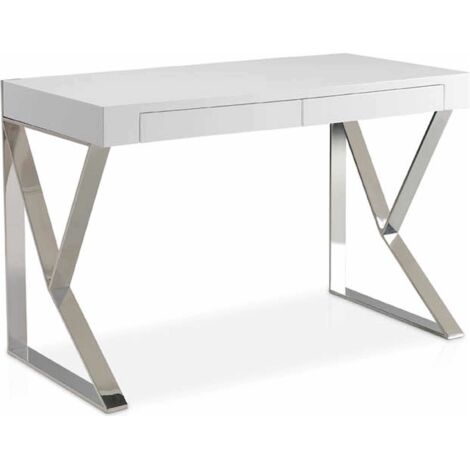 Bureau bois laqué avec pieds acier inoxydable. - Blanc