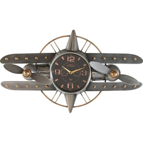 horloge murale avion métal style vintage argent et doré - argent vieilli et doré rétro