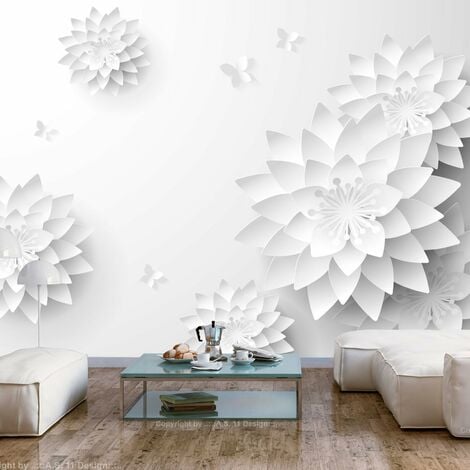Papier peint style anglais grosses fleurs blanches