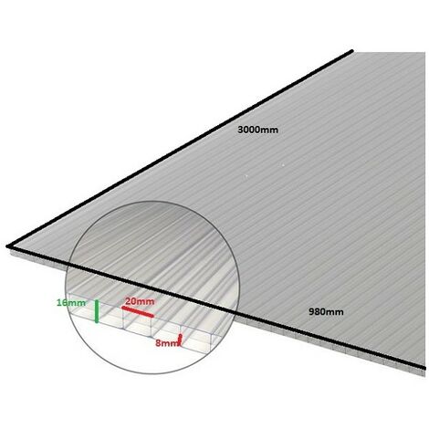 Lastra in policarbonato alveolare da 16mm - Colore: Traslucido, Spessore  16mm, Larghezza 98cm, Lunghezza 2m