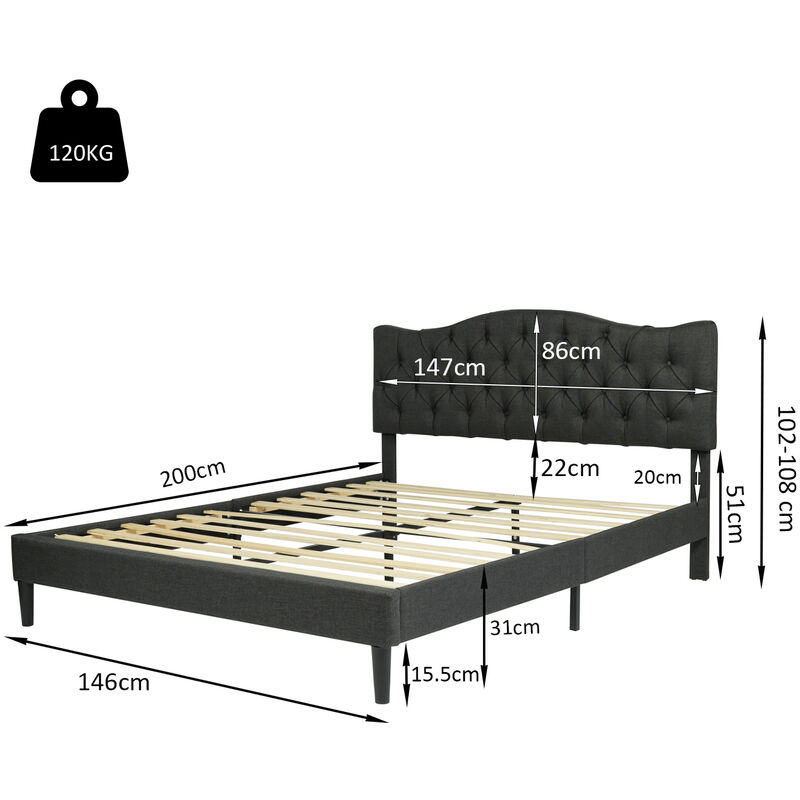 MEUBLES COSY Letto matrimoniale (140 x 190 cm) con testiera imbottita in  tessuto grigio, rete a doghe di pioppo (materasso non incluso)