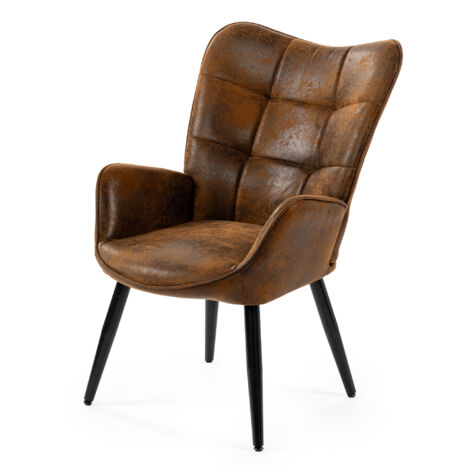 MEUBLES COSY Poltrona con rivestimento in tessuto marrone, struttura dello schienale in metallo, seduta in compensato e gambe in acciaio nero in stile scandinavo