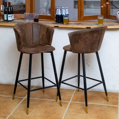 MEUBLES COSY Set di 2 Sgabelli da Bar, Sedia Imbottita in Pelle Scamosciata Marrone con Braccioli, Schienale e Poggiapiedi, Sedile da Cucina Alto 77 cm, Stile Industriale, Gambe in Metallo Nero e Oro
