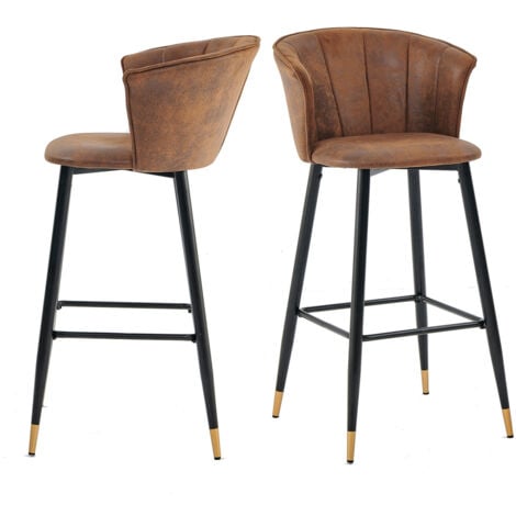MEUBLES COSY Set di 2 Sgabelli da Bar, Sedia Imbottita in Pelle Scamosciata Marrone con Braccioli, Schienale e Poggiapiedi, Sedile da Cucina Alto 77 cm, Stile Industriale, Gambe in Metallo Nero e Oro