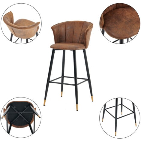 MEUBLES COSY Set di 2 Sgabelli da Bar, Sedia Imbottita in Pelle Scamosciata Marrone con Braccioli, Schienale e Poggiapiedi, Sedile da Cucina Alto 77 cm, Stile Industriale, Gambe in Metallo Nero e Oro