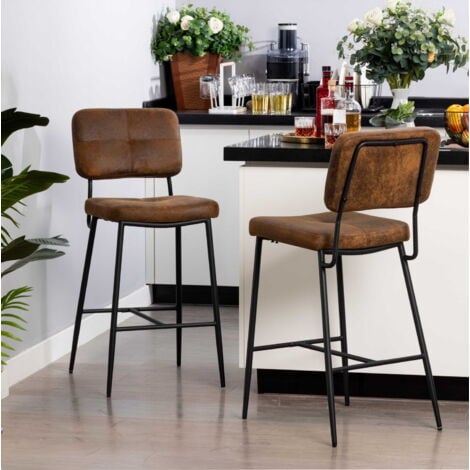 MEUBLES COSY Set di 2 sgabelli da bar vintage retrò - Seduta imbottita alta 69 cm - Seggioloni in pelle scamosciata - Gambe e poggiapiedi in metallo nero