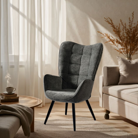 MEUBLES COSY Sillón Escandinavo acolchado cómodo respaldo con brazos tapizados en tela gris oscuro, patas de metal negro,Para Salón,Dormitorio,Comedor,Balcón,66x71x110cm