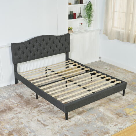 MEUBLES COSY Cama de matrimonio (140 x 190cm) con cabecero acolchado de tela gris, somier de láminas de álamo (colchón no incluido) (1/5)