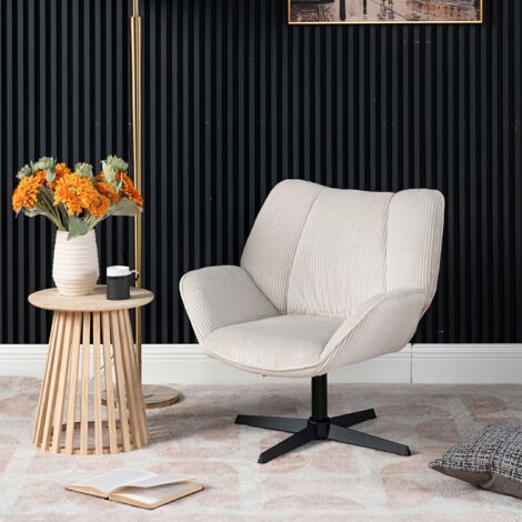 MEUBLES COSY 360° Drehstuhl für Wohnzimmer, Schlafzimmer, Büro, gekreuzte Beine, dicke Rückenlehne, Armlehne, Rollen, beigefarbener Cord