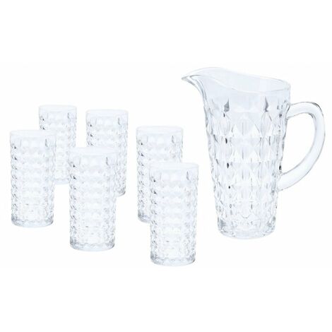 Caraffa in vetro trasparente con beccuccio e manico, set caraffa + 6 bicchieri in vetro (1/2)