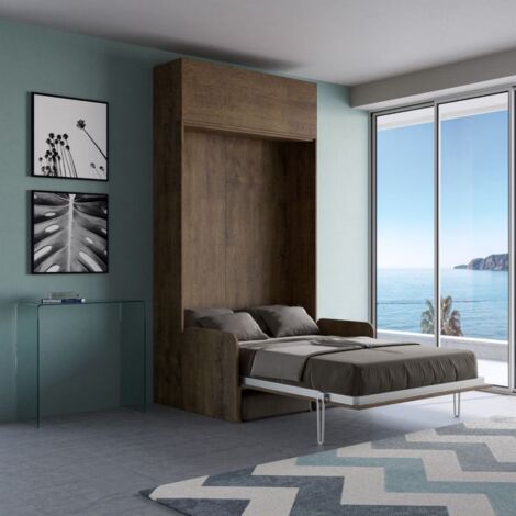 Letto "Napoli" matrimoniale a scomparsa con divano, in legno, con apertura verticale, per camera da letto -Con pensile / Noce (1/5)