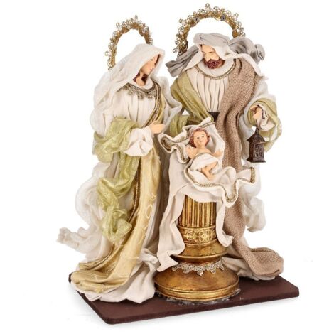 Sacra famiglia con vestiti in tessuto color oro con colonna statue per presepe h 38 cm