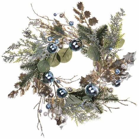 Ghirlanda retro porta natalizia decorato con bacche e sfere azzurre Ø 48 cm (1/2)
