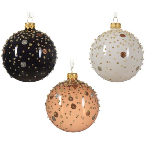 Palline per albero di Natale in vetro decorato rosa, nero e bianco da Ø 8 cm, confezione da 12 pezzi (1/2)