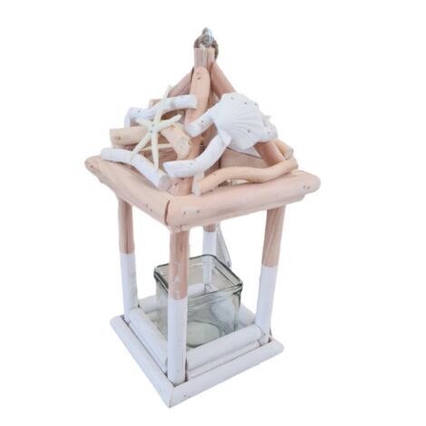 Lanterna decorativa in legno "Beach" con portacandela decorato h 30 cm
