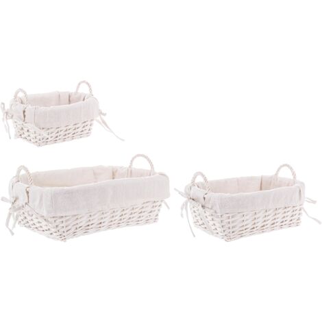 Set 3 Ceste alesha in Vimini naturale, con rivestimento 100% in cotone -Quadrate / Bianco