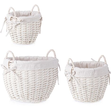Set 3 Ceste alesha in Vimini naturale, con rivestimento 100% in cotone -Tonde / Bianco