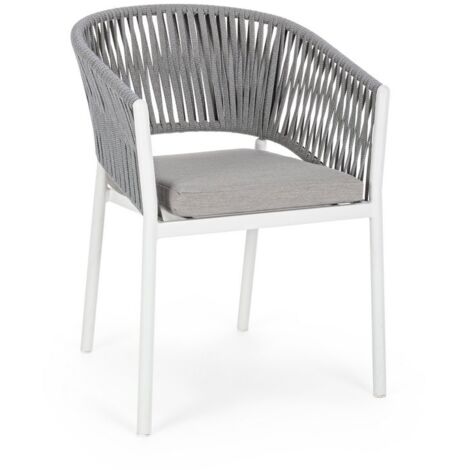 Poltrona "Florencia" con braccioli e cuscino, struttura in alluminio, intreccio con corde, 60 cm -Bianco / Confezione singola