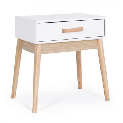 Comodino "Ordinary" per camera, Gambe In Legno Di Pino, Pannelli In Mdf, Cassetti In Legno Di Paulonia -Bianco (1/5)