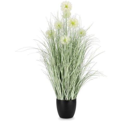 Pianta artificiale "Cebolla" con fiore e stelo, vaso in plastica nera -Ø45x75h cm