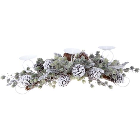 Porta candele x3 innevata con pigne per decorazioni interne H28 cm (1/3)