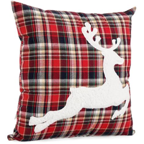 Cuscino scozzese "Tartan" rosso in poliestere per decorazioni natalizie 45x45 -Con renna (1/3)