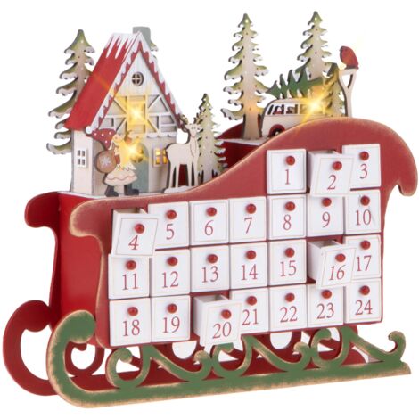 Lights4fun, Inc. Calendario Dell'Avvento In Legno Con Finestre LED Preilluminate A Batteria, 43,2x33 Cm