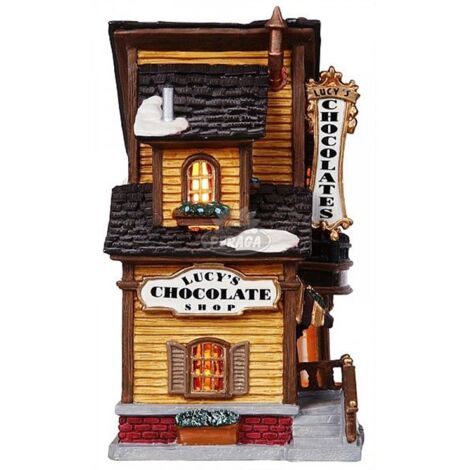 Negozio di cioccolata di Lucy statuetta natalizia per villaggio di Natale con luci
