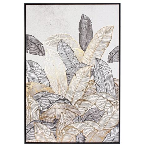 Quadro "Bold" stampa su tela foglie dorate con cornice MDF per arredo casa
