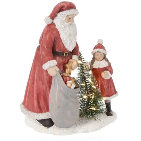 Babbo natale" Baldwin" rosso con bimba e led in poliresina per decorazioni natalizie