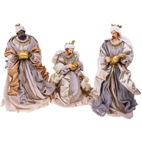 Re Magi in 3 statue in resina per presepe, vestiti in tessuto da 36 cm decorazione -Crema e Grigio