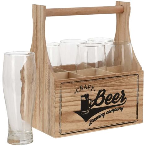 Cestello in legno, set cestello + 6 bicchieri di birra in vetro