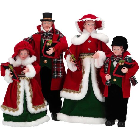Famiglia di cantori con vestiti colore rosso e verde decorazione natalizia set 4 pezzi -68 cm