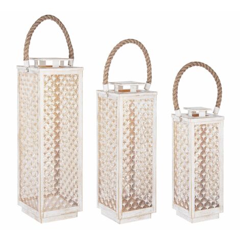 Kit 3 Lanterne decorative in metallo con portacandela decorato interno oro h 69 cm -Nero