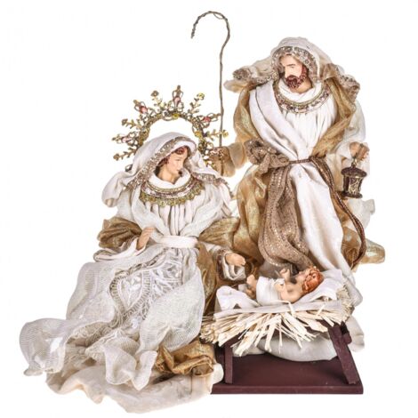 Natività completa statue per presepe con vestiti in tessuto Champagne h 36 cm