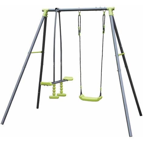 Altalena con struttura in metallo da giardino per bambini con seggiolino da esterno -3 Posti / Verde