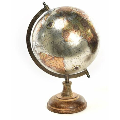 Mappamondo con piedistallo in legno decorazione per ambienti h 32,5 cm -Argento