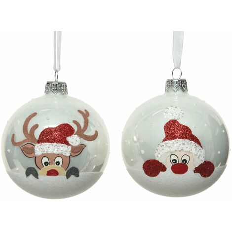 Palline per albero di Natale in vetro decorate con Babbo e Renna da 8 cm, confezione 6 pezzi (1/2)