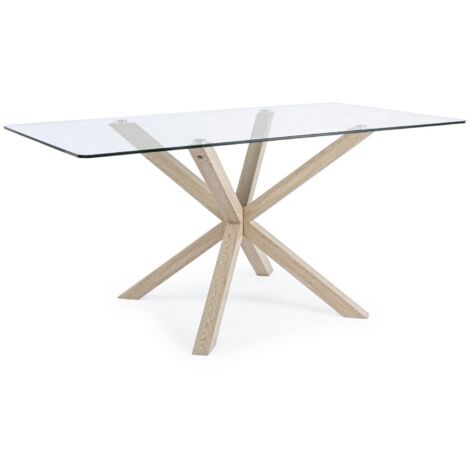 Tavolo May rettangolare con gambe in legno, piano in vetro temperato spessore 10mm -Bianco