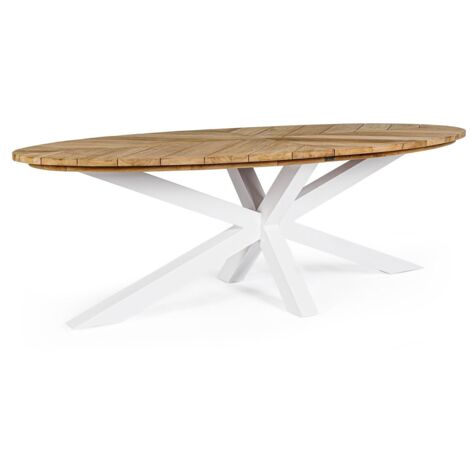 Tavolo ovale "Palmdale" con piano in legno teak, gambe in alluminio, per esterno -Bianco / Ø 160 cm (1/5)