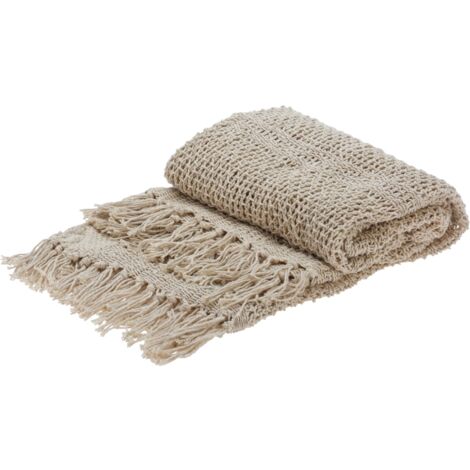 Coperta decorativa leggera trama larga con frange in cotone per letto e divano 170 cm -Beige
